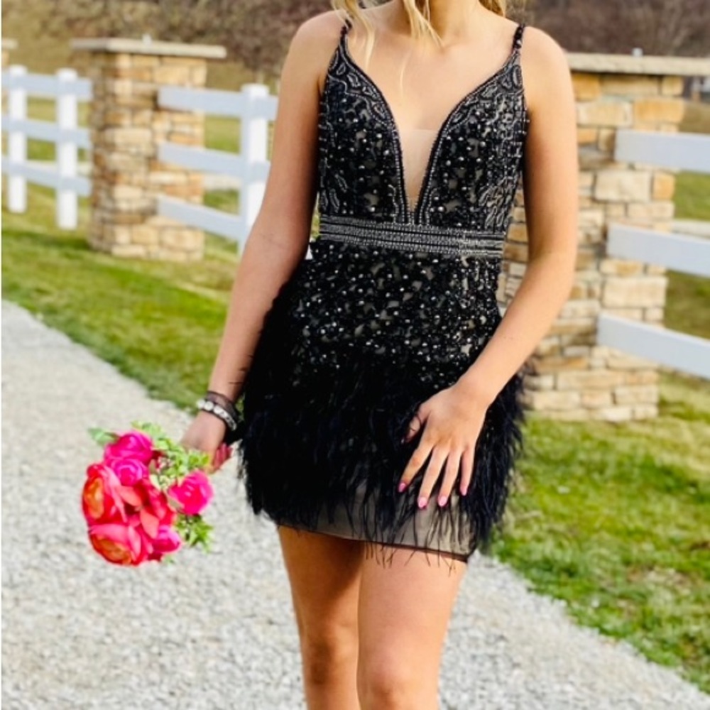 Jovani beaded and feathered dress